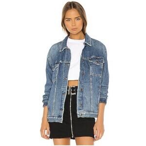 Free People Oversized Jean Jacket M Denim Distressed Retro Trucker Fall Boho